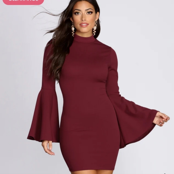 winsor womens long bell sleeve burgundy mini dress - Picture 4 of 5
